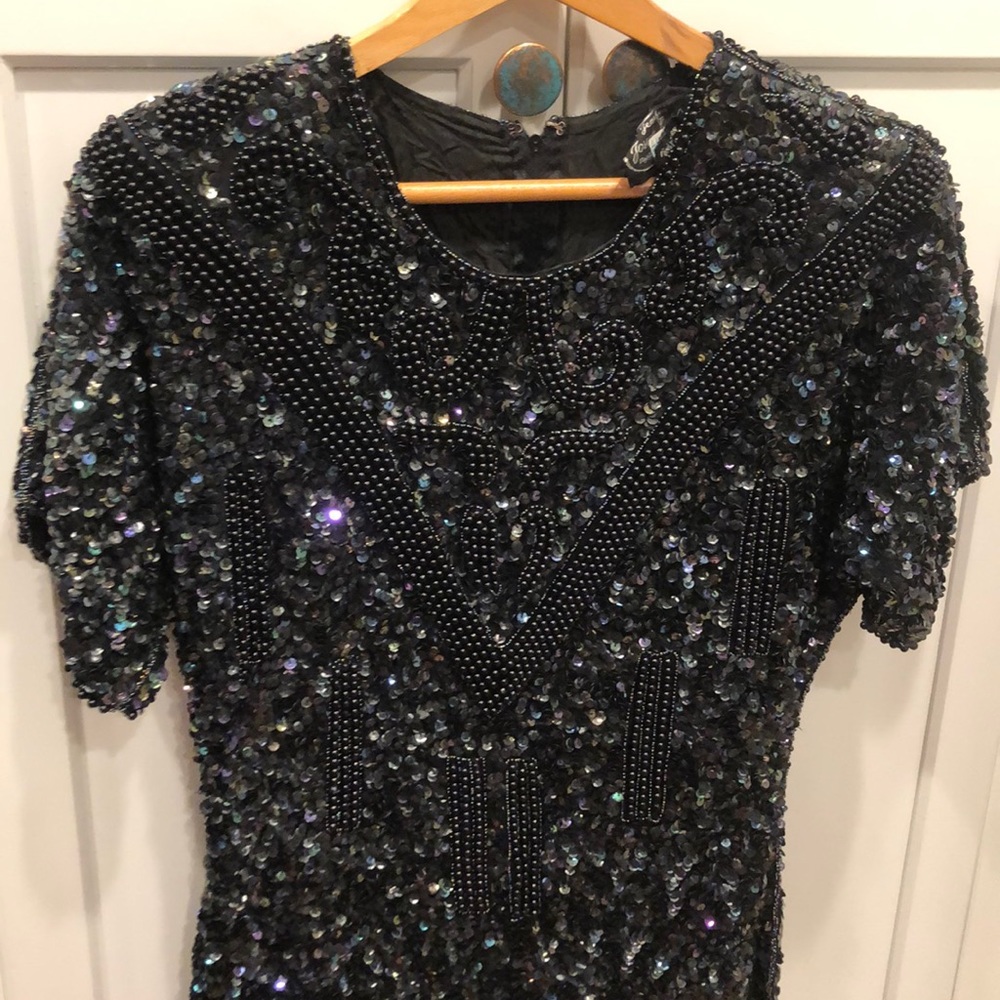 Vintage silk sequined beaded dress mobwife black